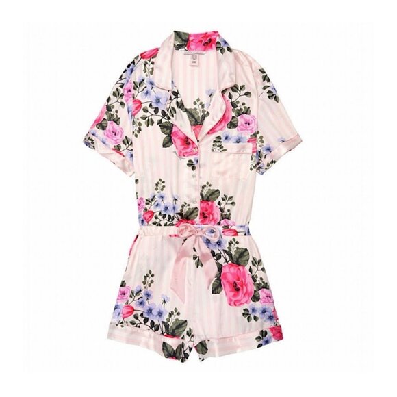 Victoria's Secret Floral Stripe Satin Pajama Romper Sleepwear SZ S - Picture 5 of 10